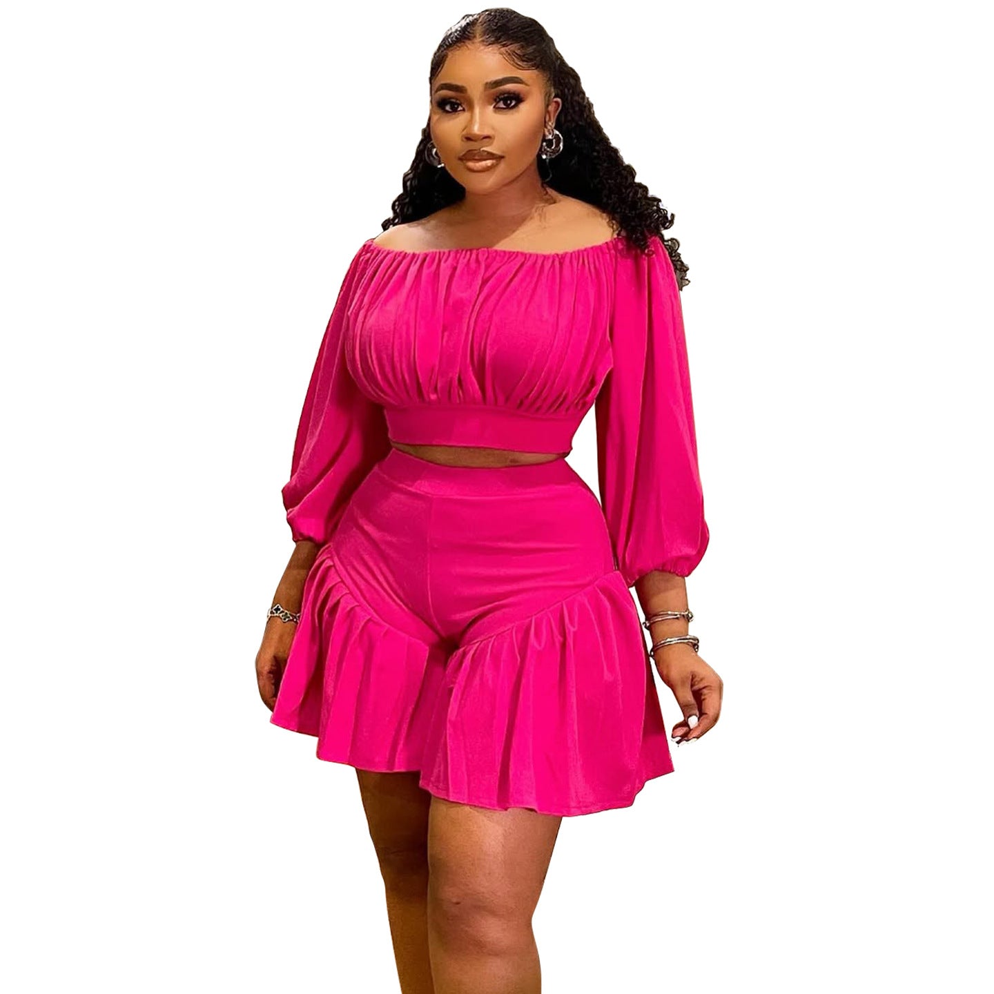Plus Size Pleated Off Neck Two Piece Set in a comfortable casual fit