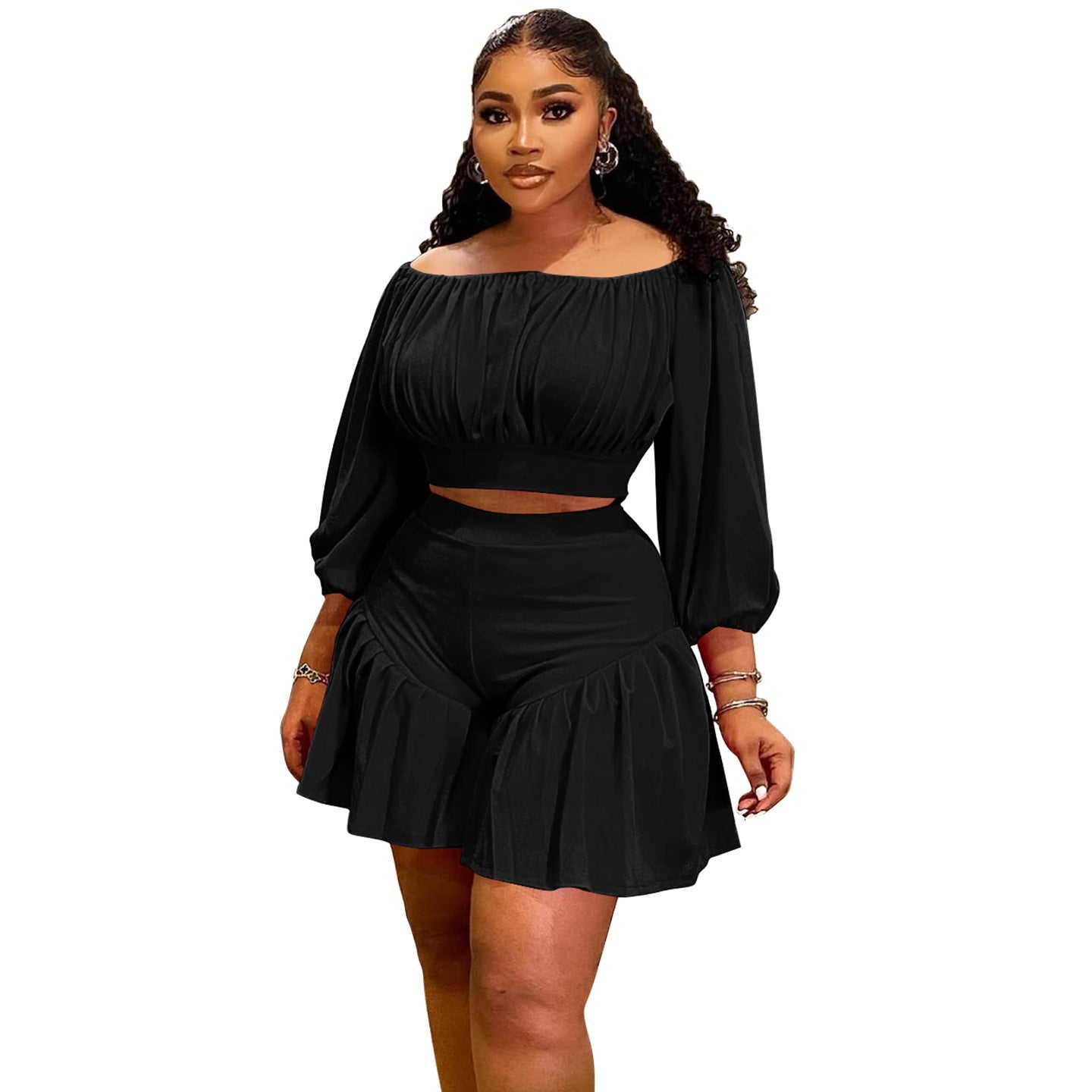 Plus Size Pleated Off Neck Two Piece Set in a comfortable casual fit