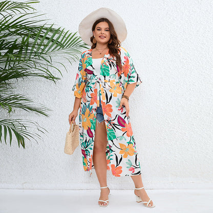 Rear view details of the lightweight fabric on the plus size casual vacation sun protection clothing bohemian loose printed beach shawl