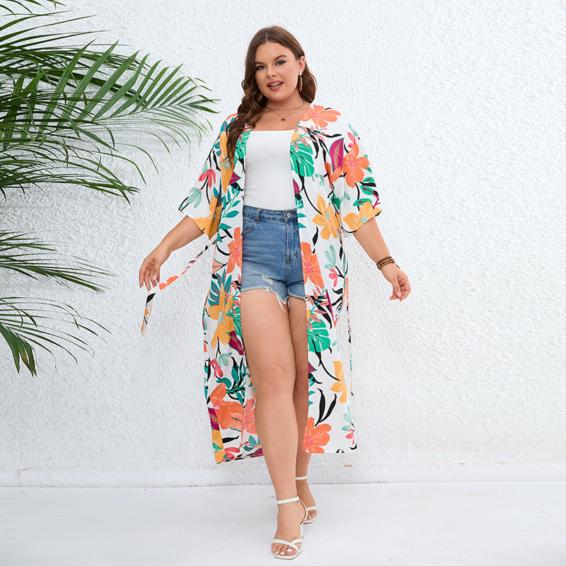 Rear view details of the lightweight fabric on the plus size casual vacation sun protection clothing bohemian loose printed beach shawl