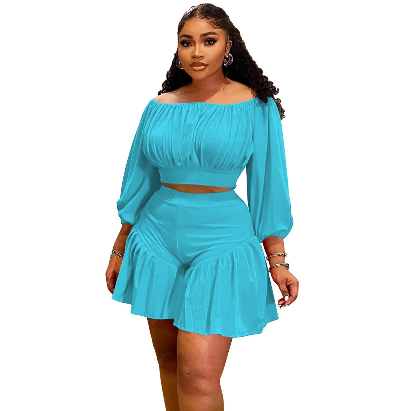 Plus Size Pleated Off Neck Two Piece Set in a comfortable casual fit
