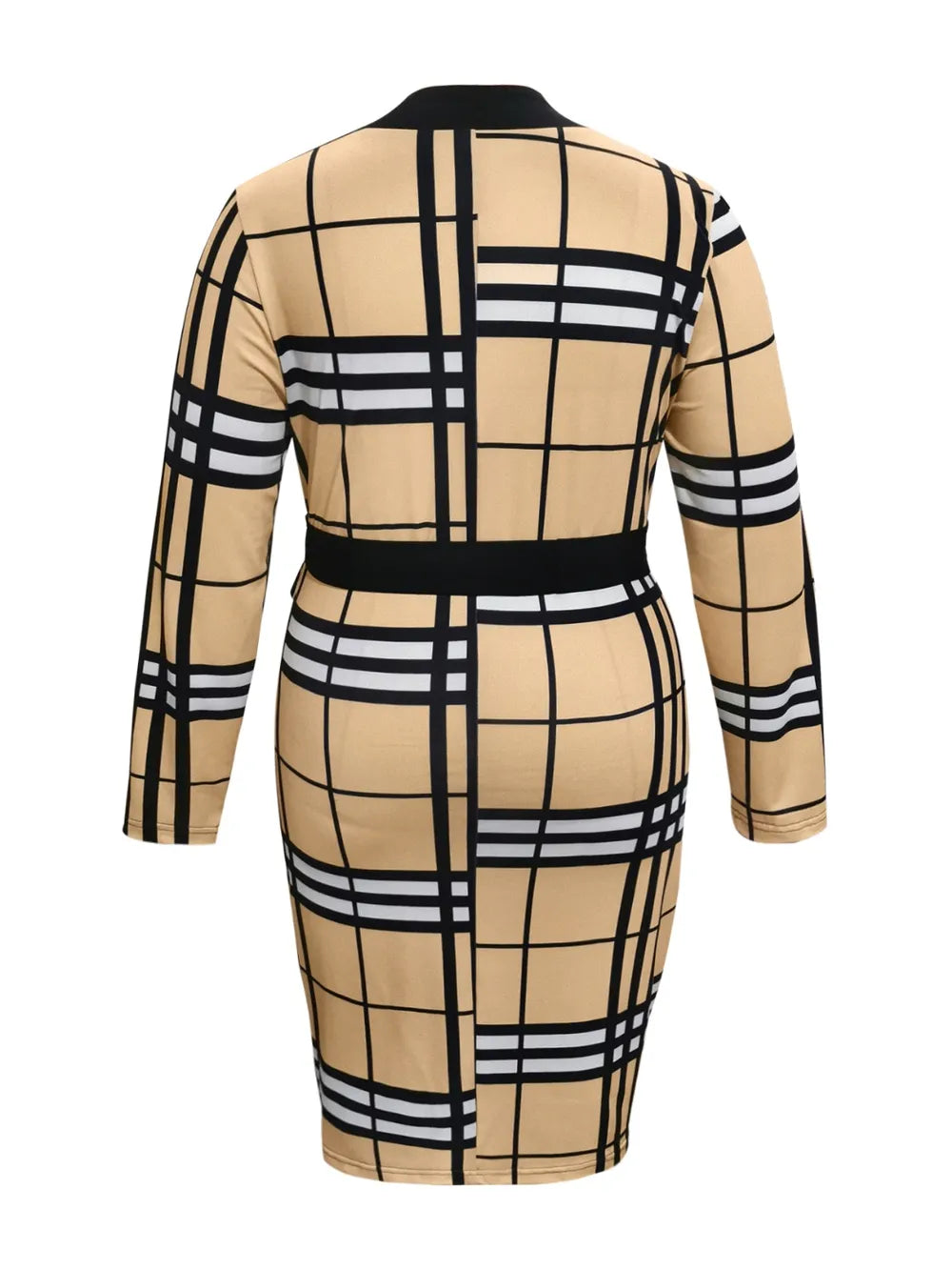 Close up look at the adjustable waist side ties on a Plus Size Plaid V-Neck Long Sleeve Wrap Dress