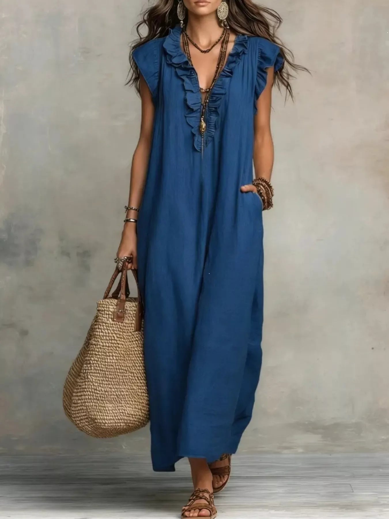 Close up of the ruffle detailing on a full size ruffled v-neck cap sleeve maxi dress plus size