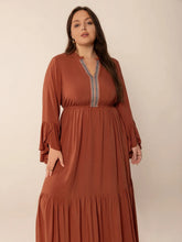  Plus size notched midi dress featuring elegant ruffles and sophisticated long sleeves.Do