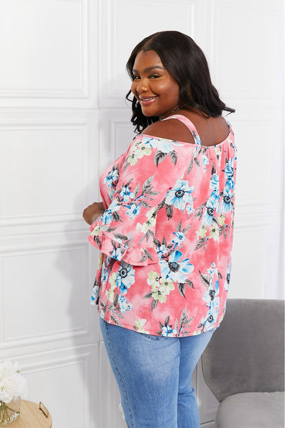 Close up view of the cutout shoulder detailing on the Sew In Love Full Size Fresh Take  Floral Cold-Shoulder Top