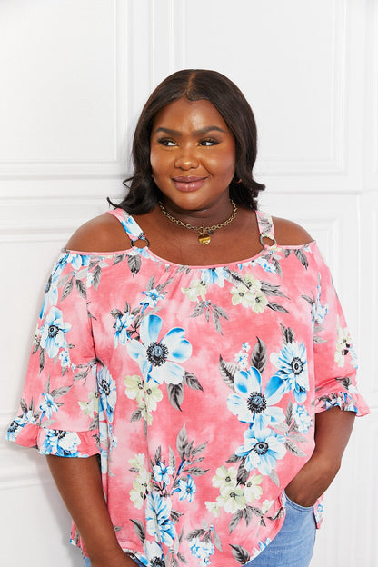Close up view of the cutout shoulder detailing on the Sew In Love Full Size Fresh Take  Floral Cold-Shoulder Top