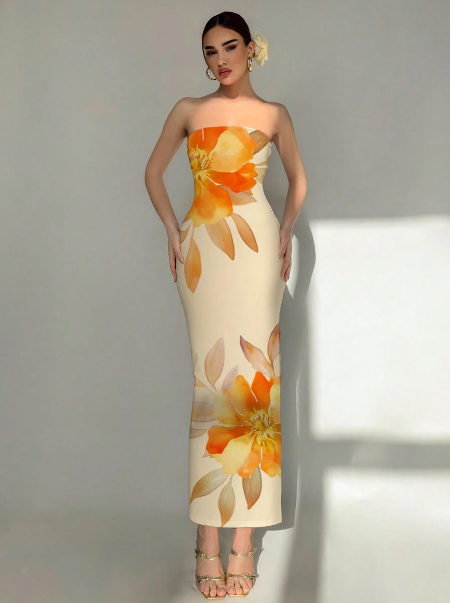 Sexy Slim Fit Printed Tube Top Bodycon Sheath Dress