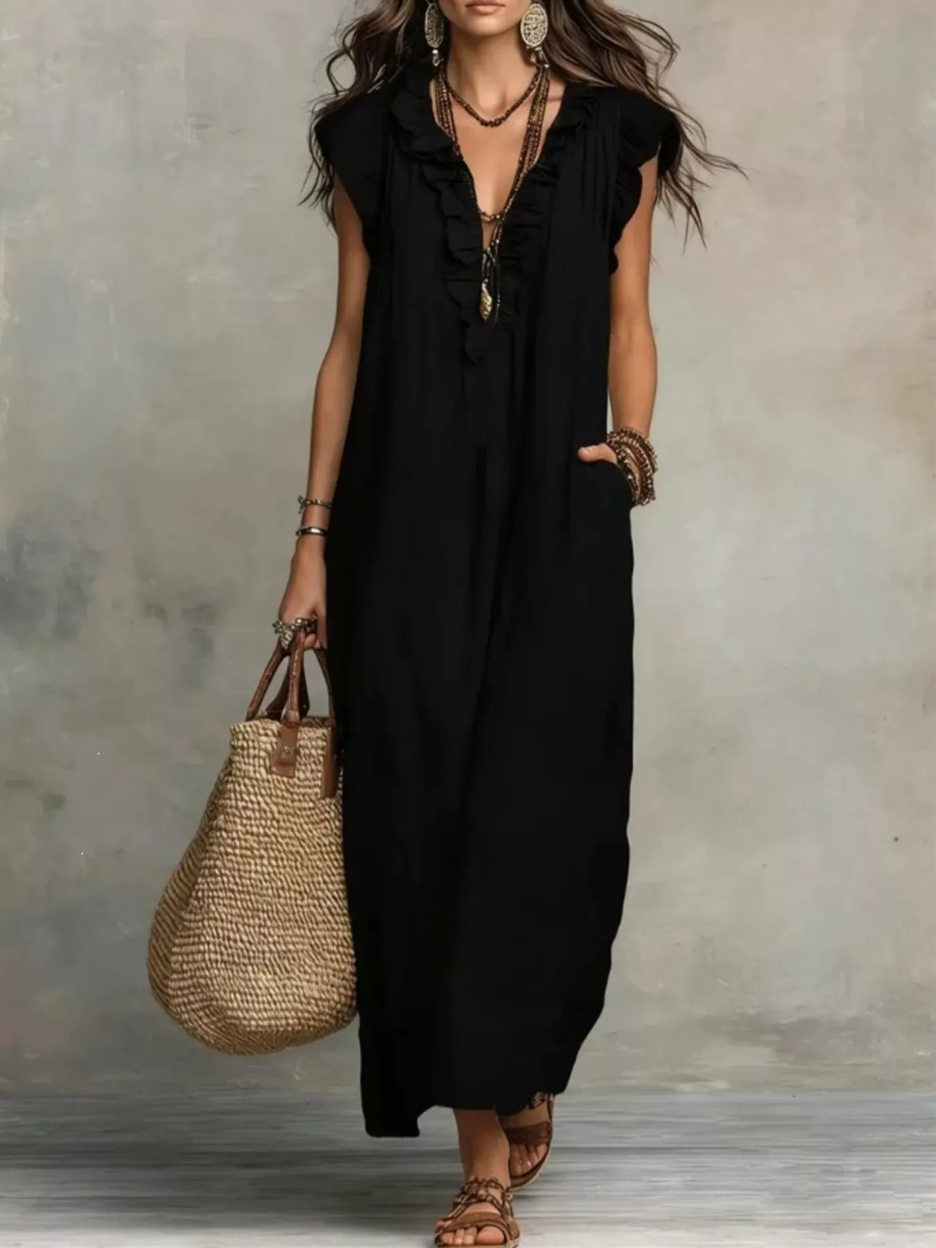 Close up of the ruffle detailing on a full size ruffled v-neck cap sleeve maxi dress plus size