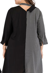  Plus size tie-neck dress featuring a modern striped color block pattern and adjustable neck tie.