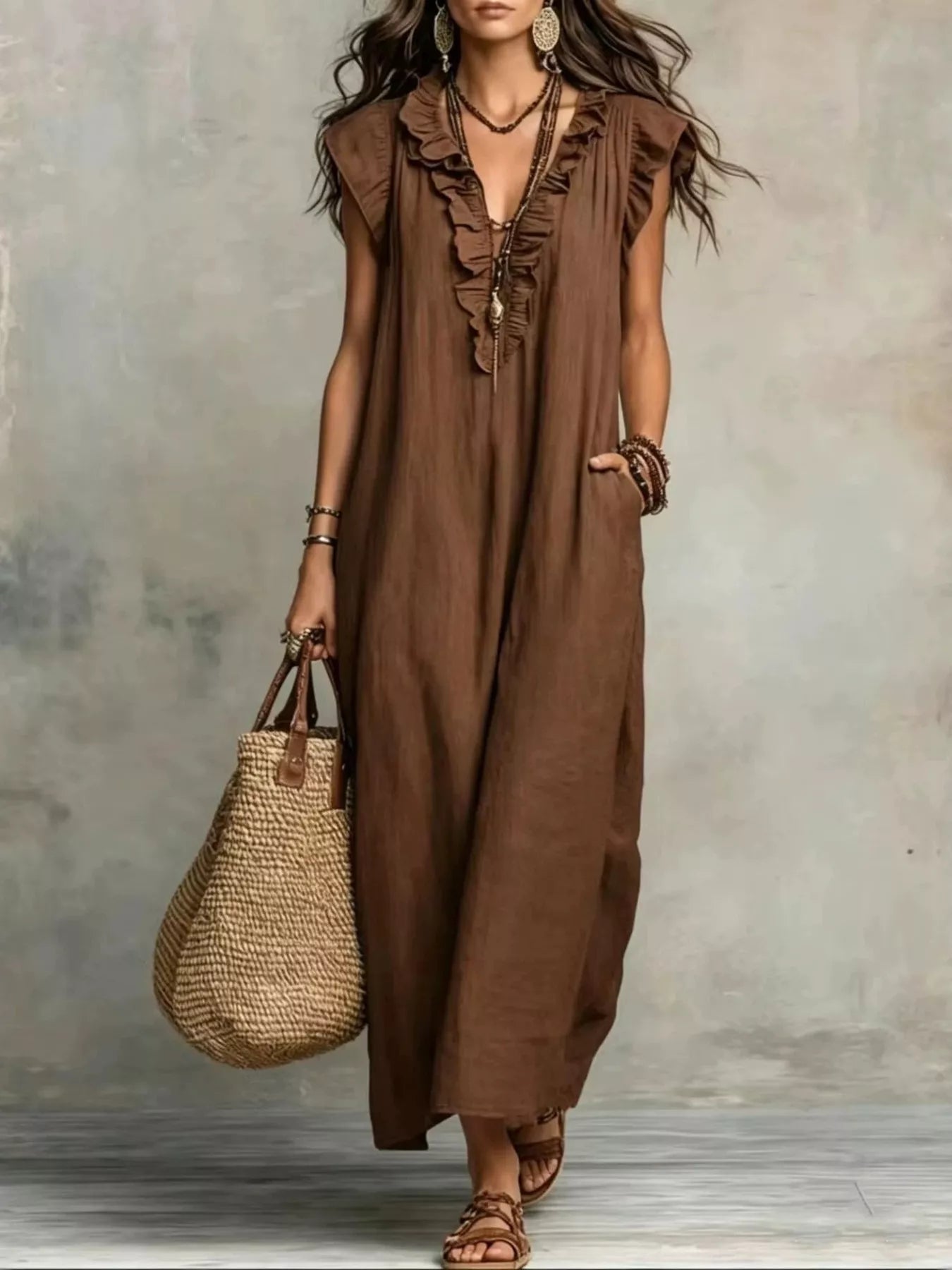 Close up of the ruffle detailing on a full size ruffled v-neck cap sleeve maxi dress plus size