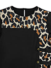 Close up look at the neat crew neckline stitching on the Plus Size Leopard Round Neck Long Sleeve Dress