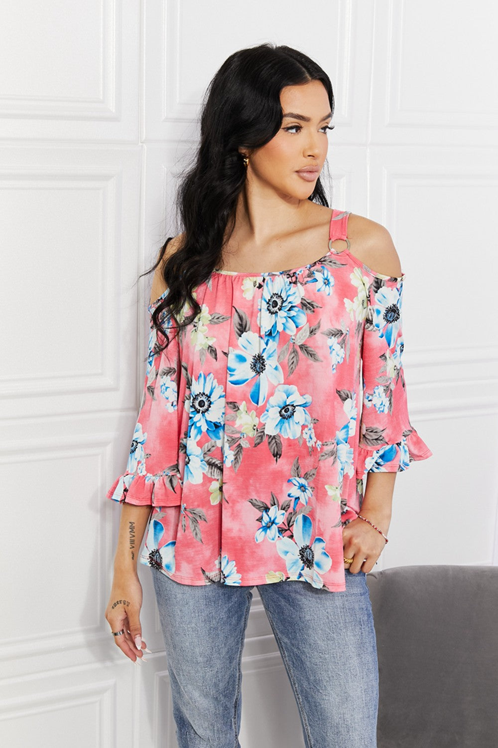 Close up view of the cutout shoulder detailing on the Sew In Love Full Size Fresh Take  Floral Cold-Shoulder Top