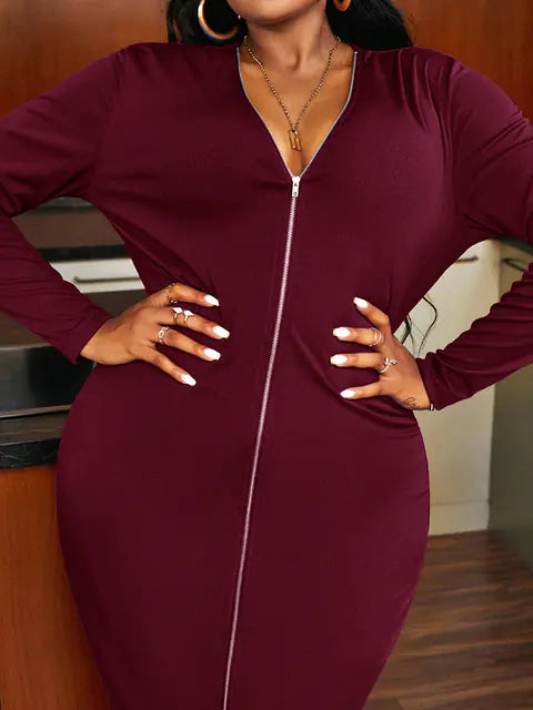 Plus Size V Neck Long Sleeve Zipper Dress XL-5XL for Winter