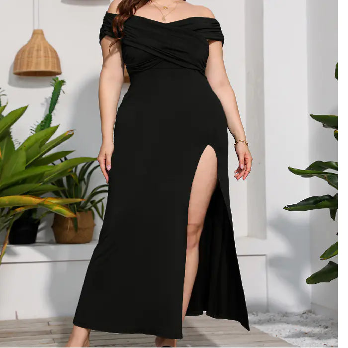 Side angle view showing the thigh-high cutout on the Elegant Plus Size High Waist Split Dress for Women