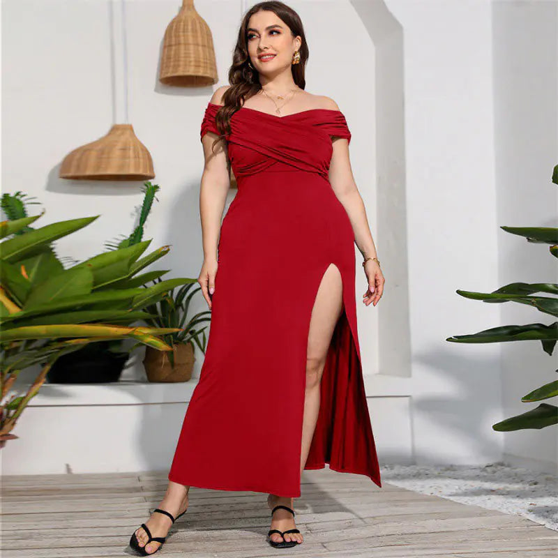 Side angle view showing the thigh-high cutout on the Elegant Plus Size High Waist Split Dress for Women